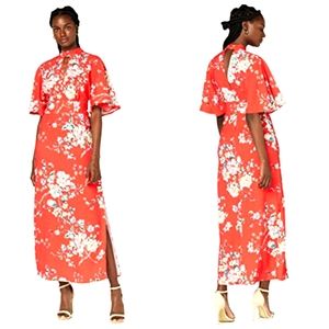 Nwot Truth & Fable Red Multicolor Floral Flutter Sleeve Maxidress